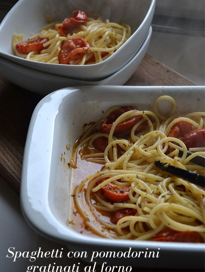 Spaghetti con pomodorini gratinati al forno
